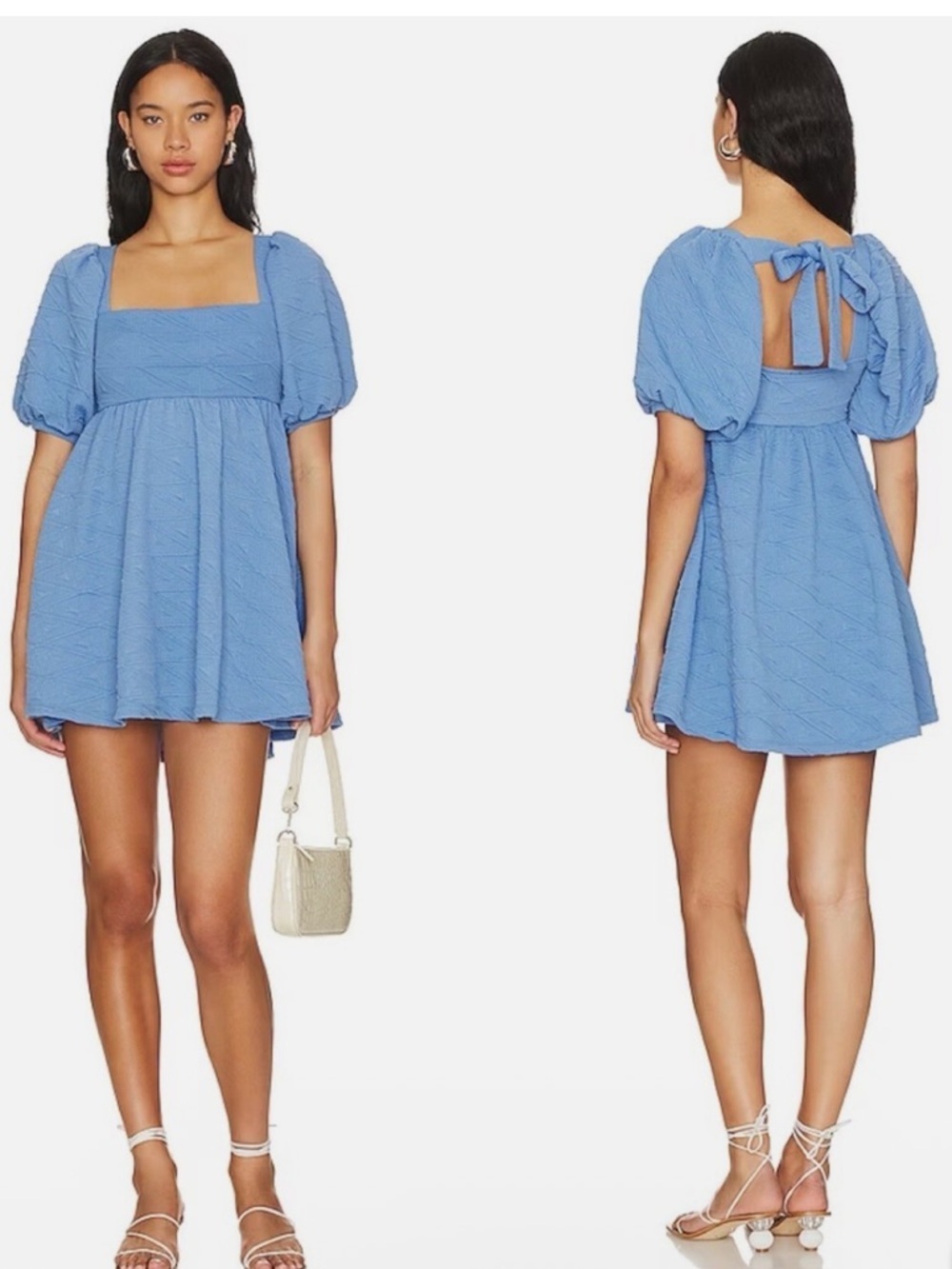 Free People Blue Textured Puff Sleeve Dress